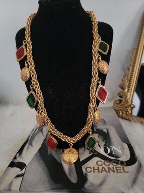 Gold Chain Necklace with Red & Green Enamel Accents